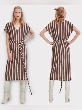 Zara Trafaluc Red Gray Striped Metallic Detail Tie Waist Knit Midi Dress